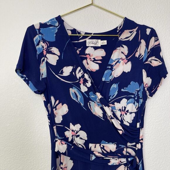 Eliza J Maxi Dress Sz 6 Faux Wrap Long Jersey Stretch Blue Floral Short Sleeve - Picture 5 of 15